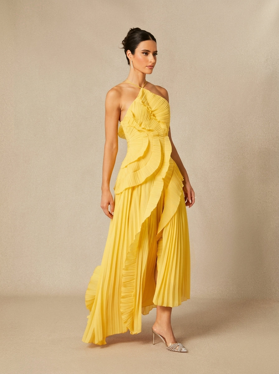 Halter Yaka Maxi Elbise Mor Pileli Detaylı