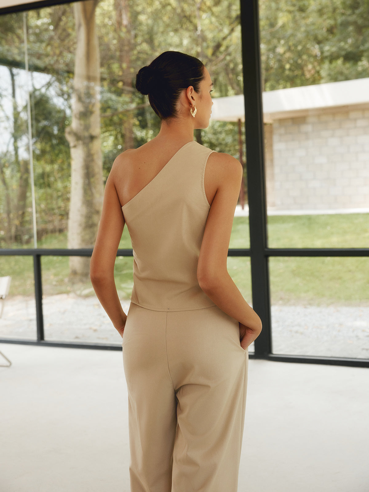 Pamuk Keten Asimetrik Cepli Pantolon Takım Haki Regular Fit