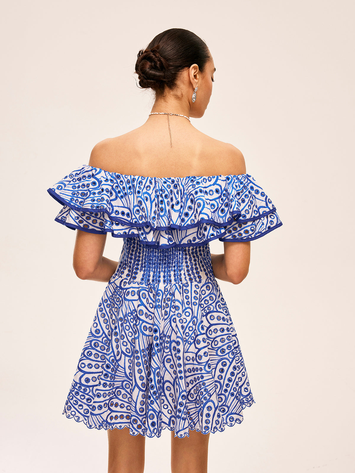 Tek Omuz Volanlı Mini Elbise Nakışlı Mavi