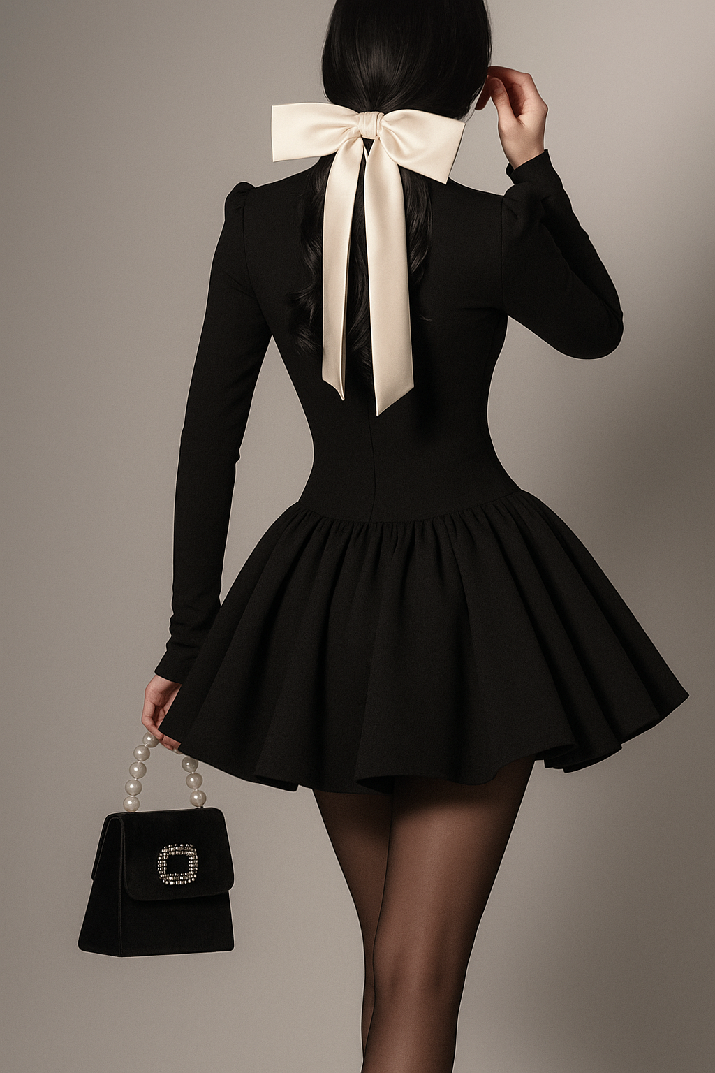 Siyah Mini Abiye Elbise Uzun Kol Dik Yaka