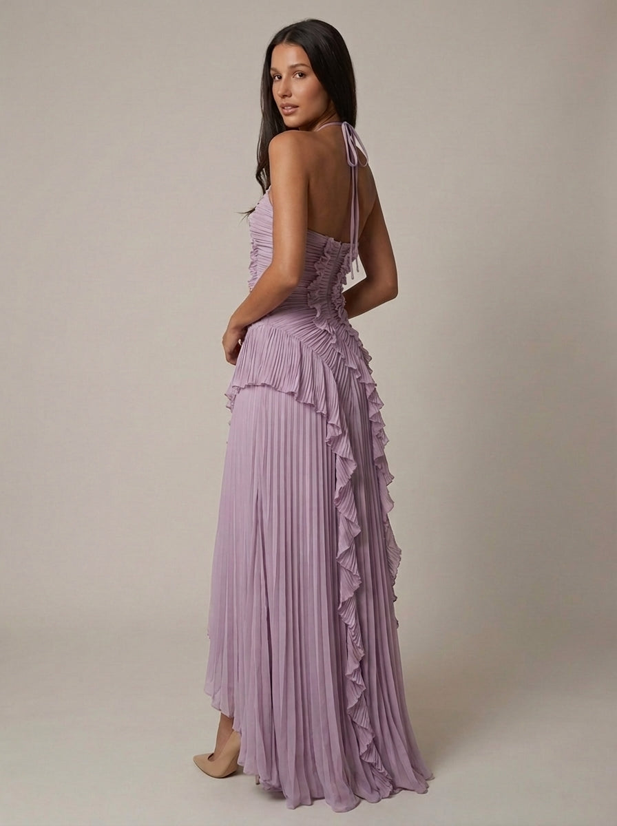Halter Yaka Maxi Elbise Mor Pileli Detaylı