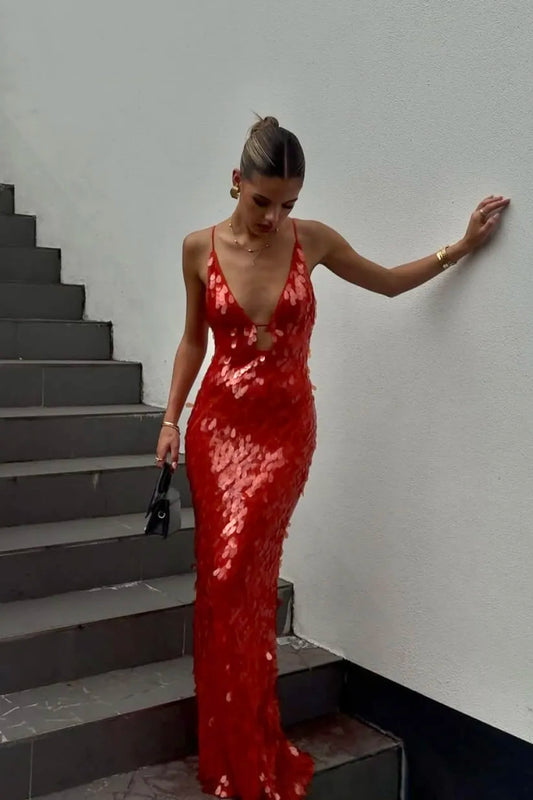Kailani Payetli Maxi Elbise Kırmızı Derin V Yaka