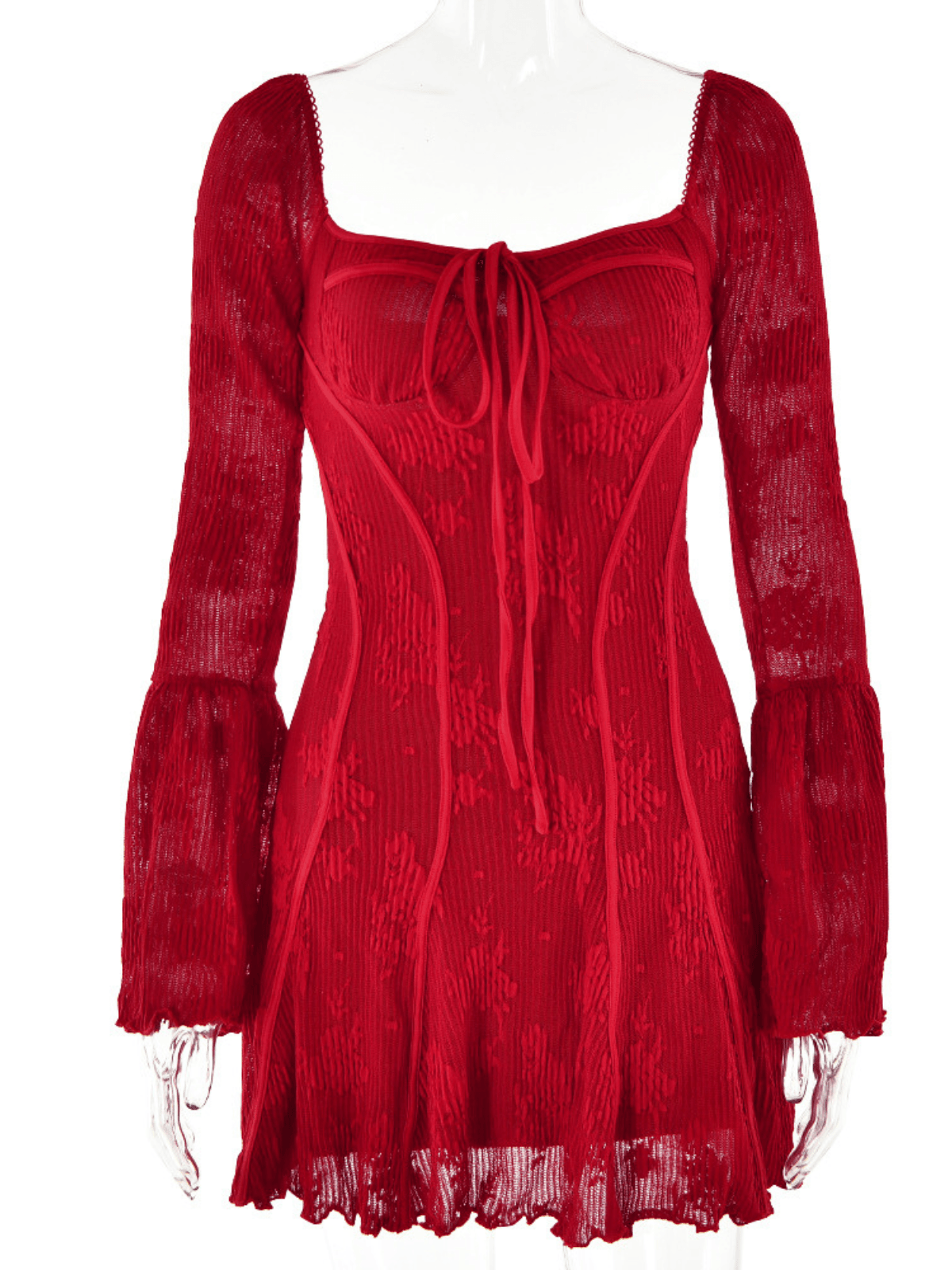 Lowell Kare Yaka Çiçekli Mini Elbise Kırmızı Uzun Kol