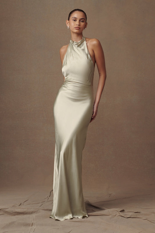 ROF Esther Yanardöner Saten Cowl Maxi Elbise - Adaçayı