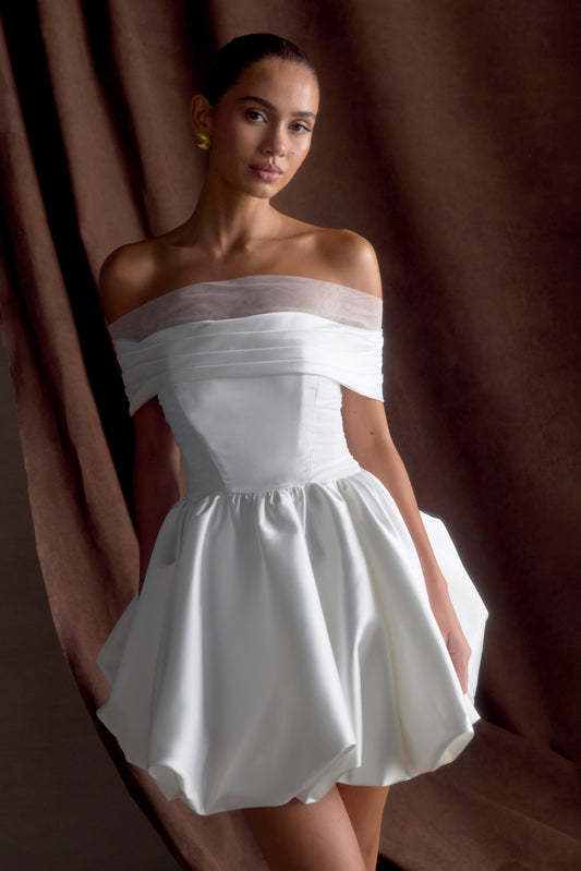 ROF Lauretta Düşük Omuz Mini Elbise - Beyaz