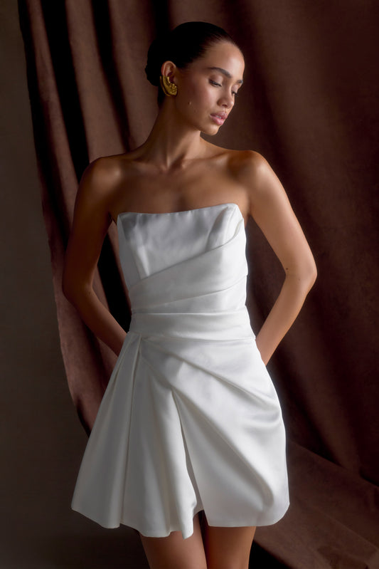 ROF Lora Straplez Saten Mini Elbise - Beyaz