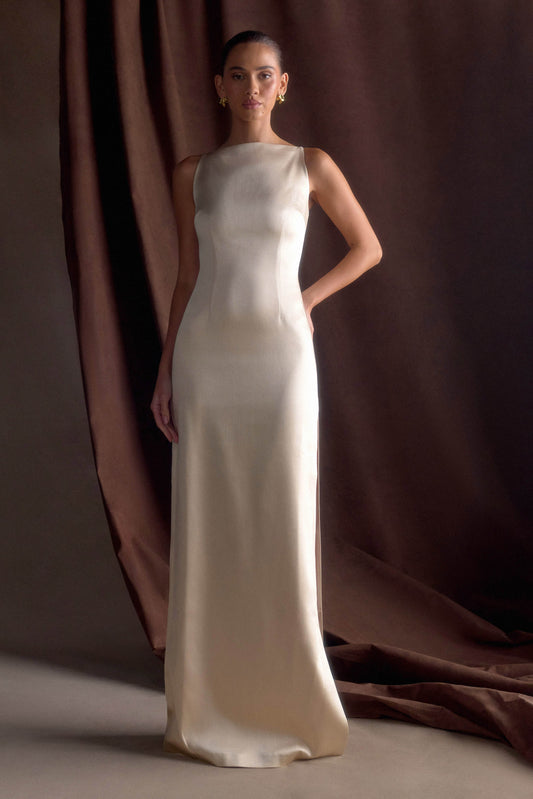 ROF Mor Kolsuz Saten Maxi Elbise - Allık Altın