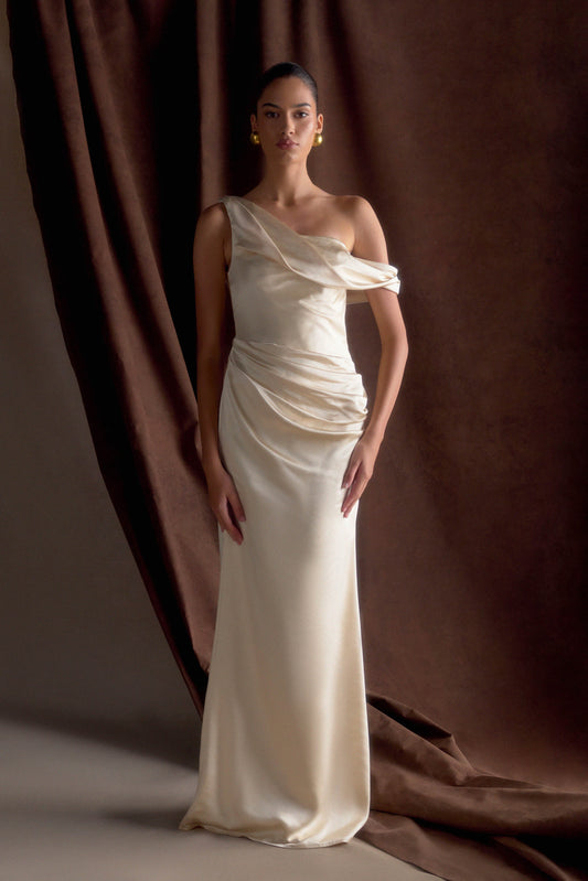 ROF Dalia Düşük Omuzlu Saten Maxi Elbise - Allık Altın