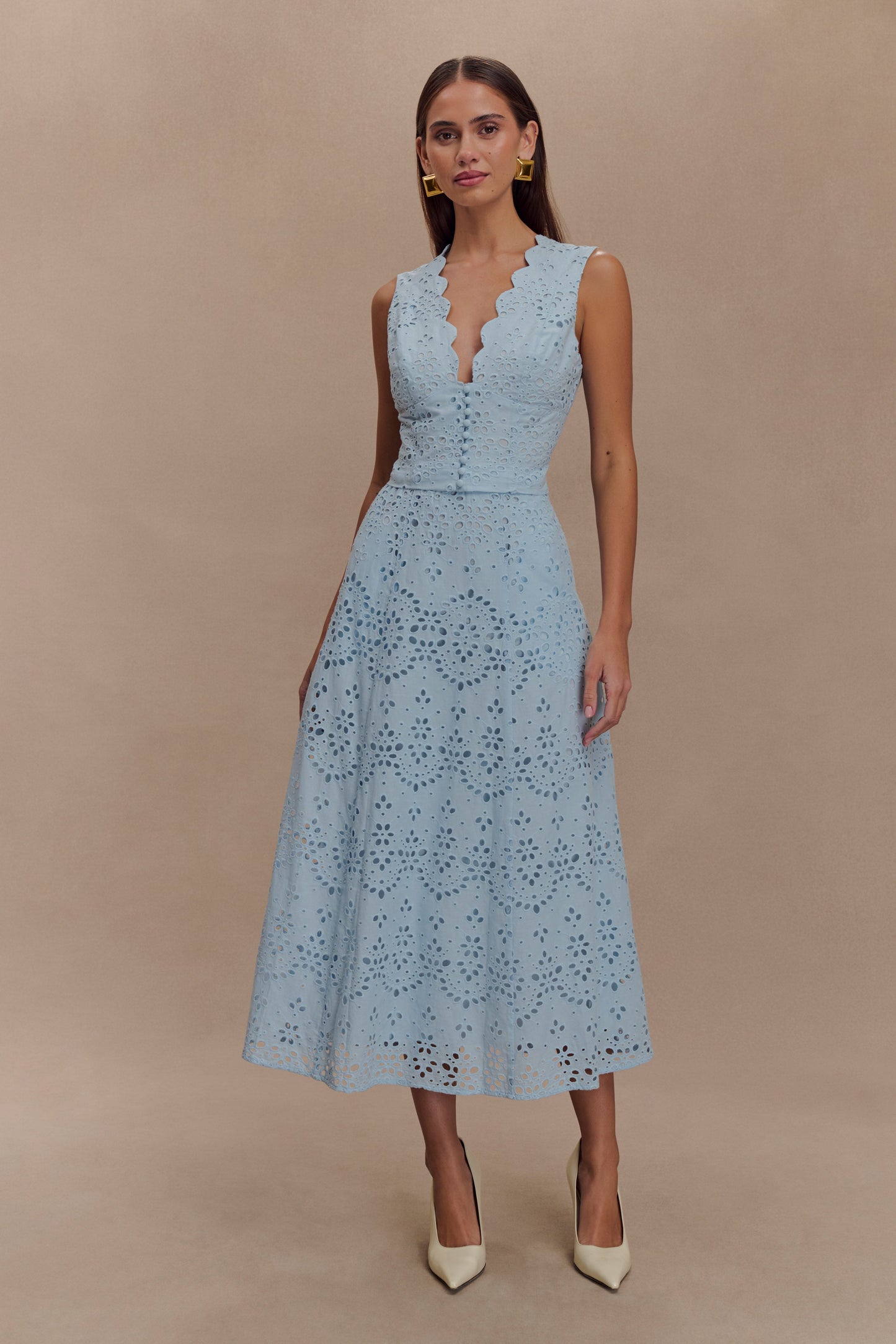 ROF Arla Broderie Midi Etek - Soluk Peygamber Çiçeği Mavisi