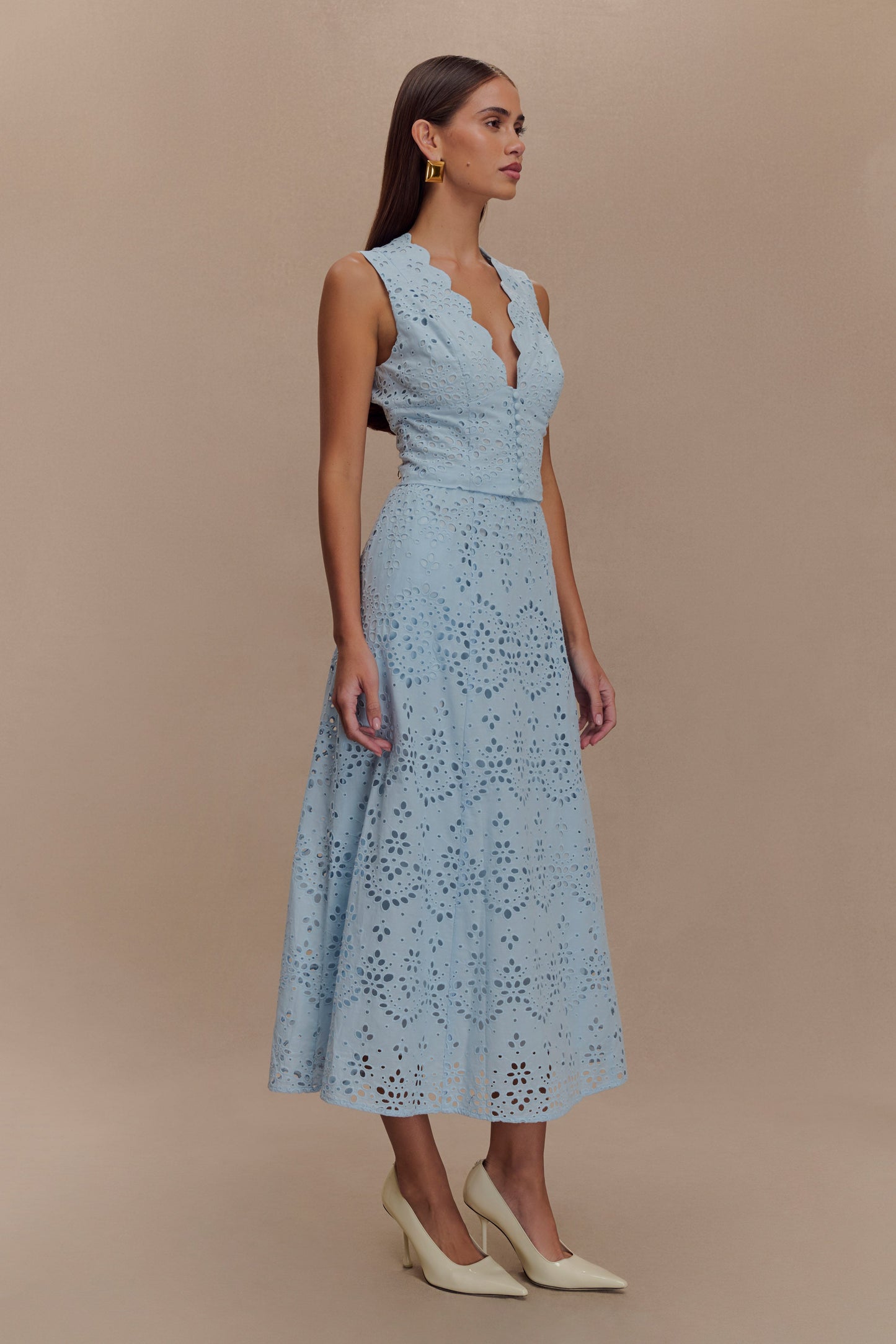 ROF Arla Broderie Midi Etek - Soluk Peygamber Çiçeği Mavisi