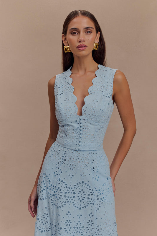 ROF Arla Kolsuz Broderie Üst - Soluk Peygamber Çiçeği Mavisi