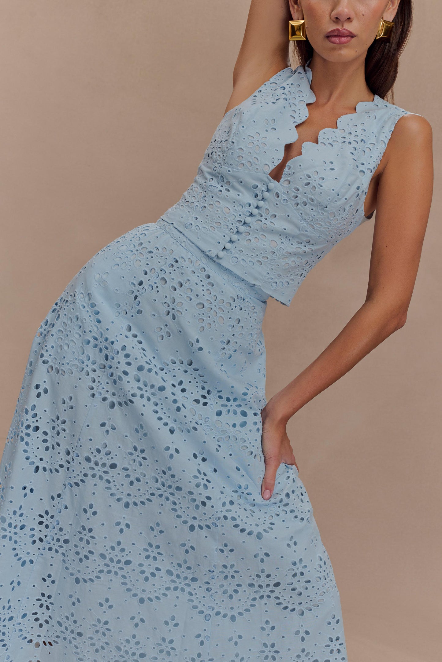 ROF Arla Broderie Midi Etek - Soluk Peygamber Çiçeği Mavisi