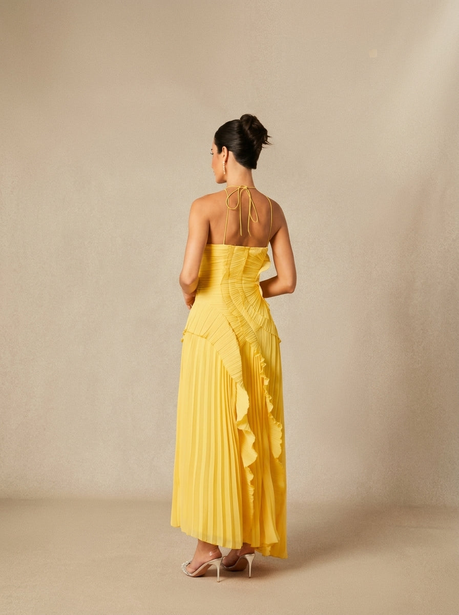 Halter Yaka Maxi Elbise Mor Pileli Detaylı