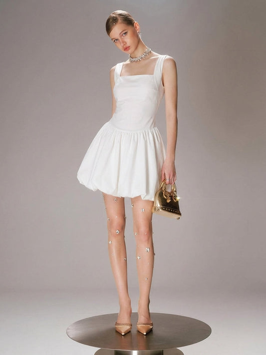 Askılı Mini Elbise Beyaz Beli Büzgülü Fransız Stili