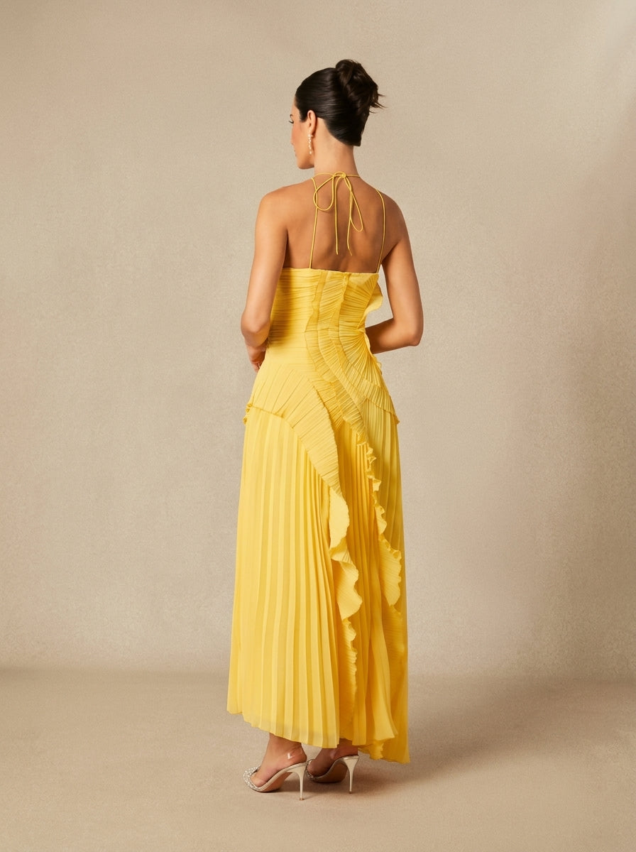 Halter Yaka Maxi Elbise Mor Pileli Detaylı