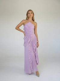 Halter Yaka Maxi Elbise Mor Pileli Detaylı