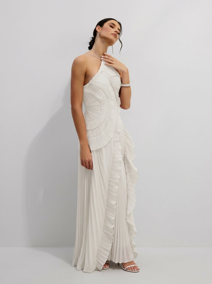Halter Yaka Maxi Elbise Mor Pileli Detaylı