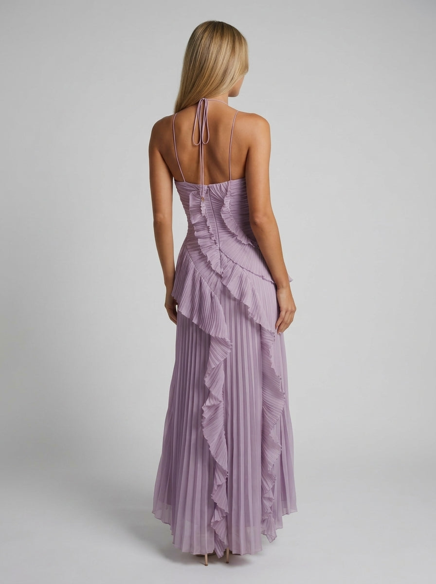 Halter Yaka Maxi Elbise Mor Pileli Detaylı