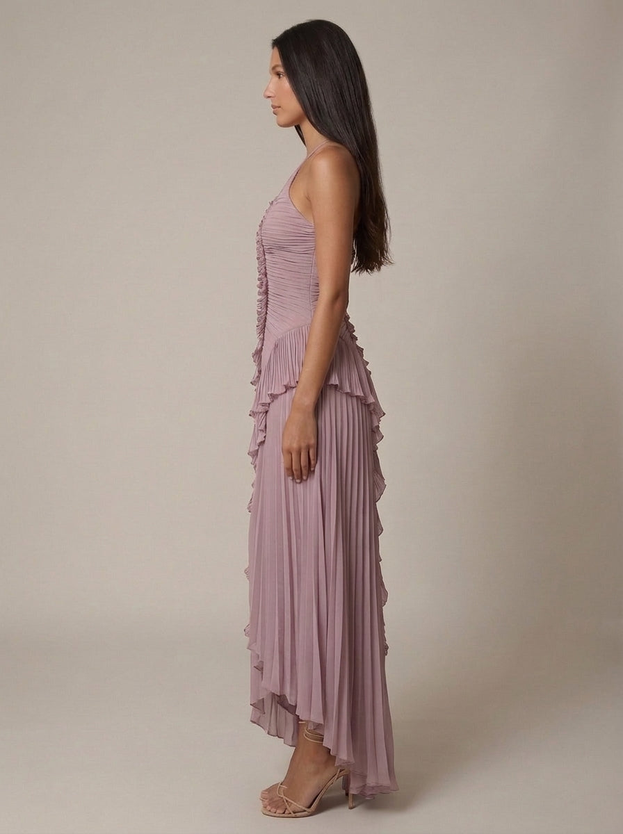 Halter Yaka Maxi Elbise Mor Pileli Detaylı