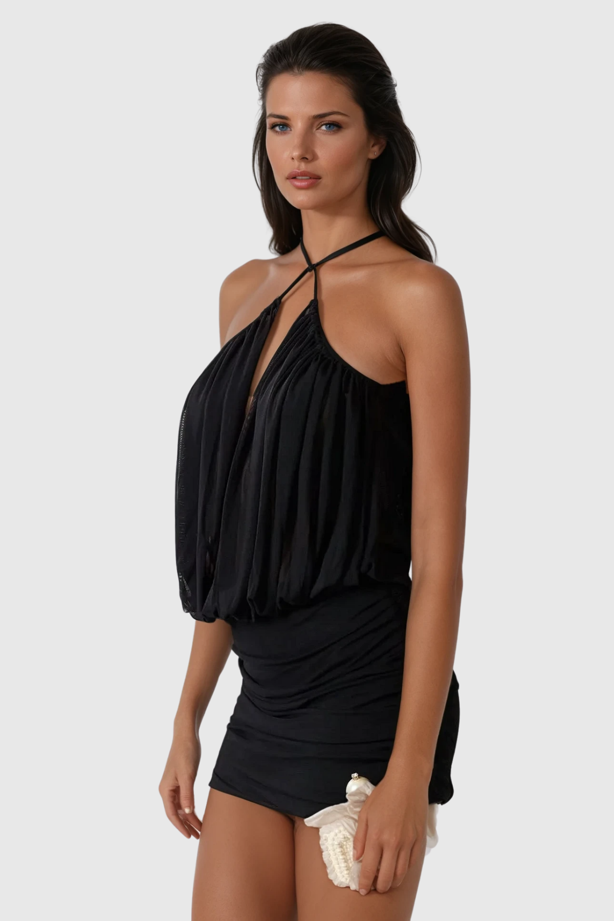 Sırtı Açık Mini Elbise Siyah Halter Yaka