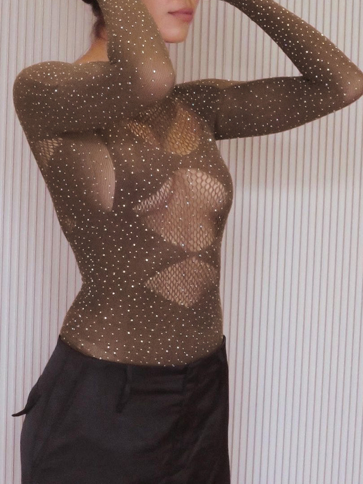 Parlak Taşlı Transparan Bodysuit Haki Uzun Kollu
