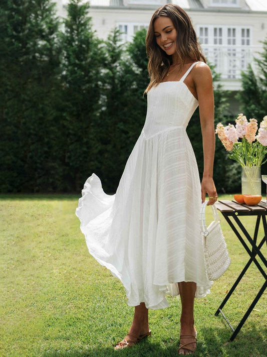 Romantik Pamuklu Uzun Askılı Elbise Beyaz Asimetrik