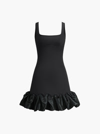 Fırfırlı Kare Yaka Kısa Elbise Siyah Slim Fit