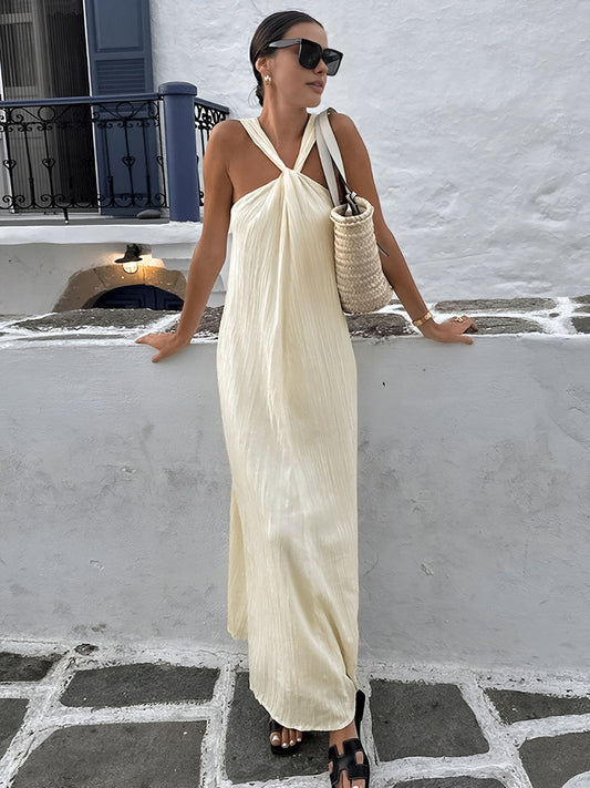 Halter Yaka Maxi Elbise Ekru Kolsuz