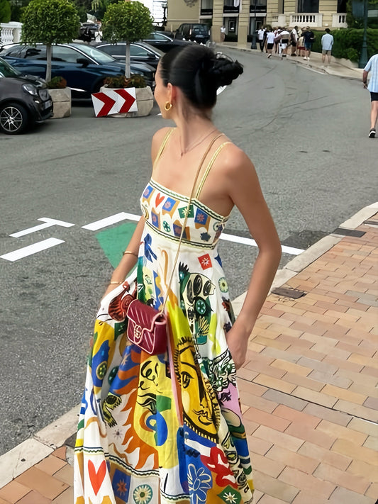 Baskılı Askılı Midi Elbise Çok Renkli Romantik