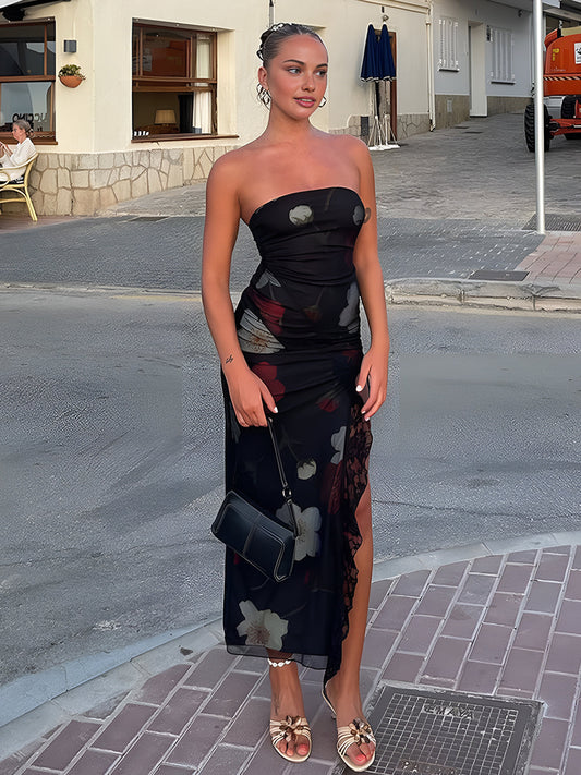 Çiçek Desenli Bölmeli Tüp Midi Elbise Siyah Kolsuz