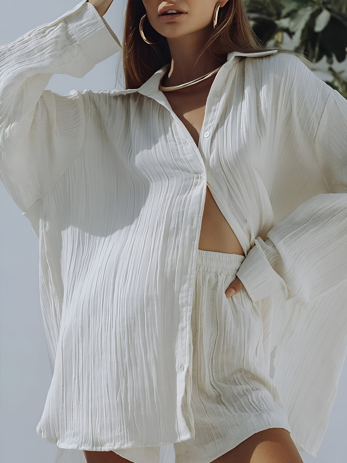 Pamuk Cepli İpli Şort Takım Beyaz Uzun Kol