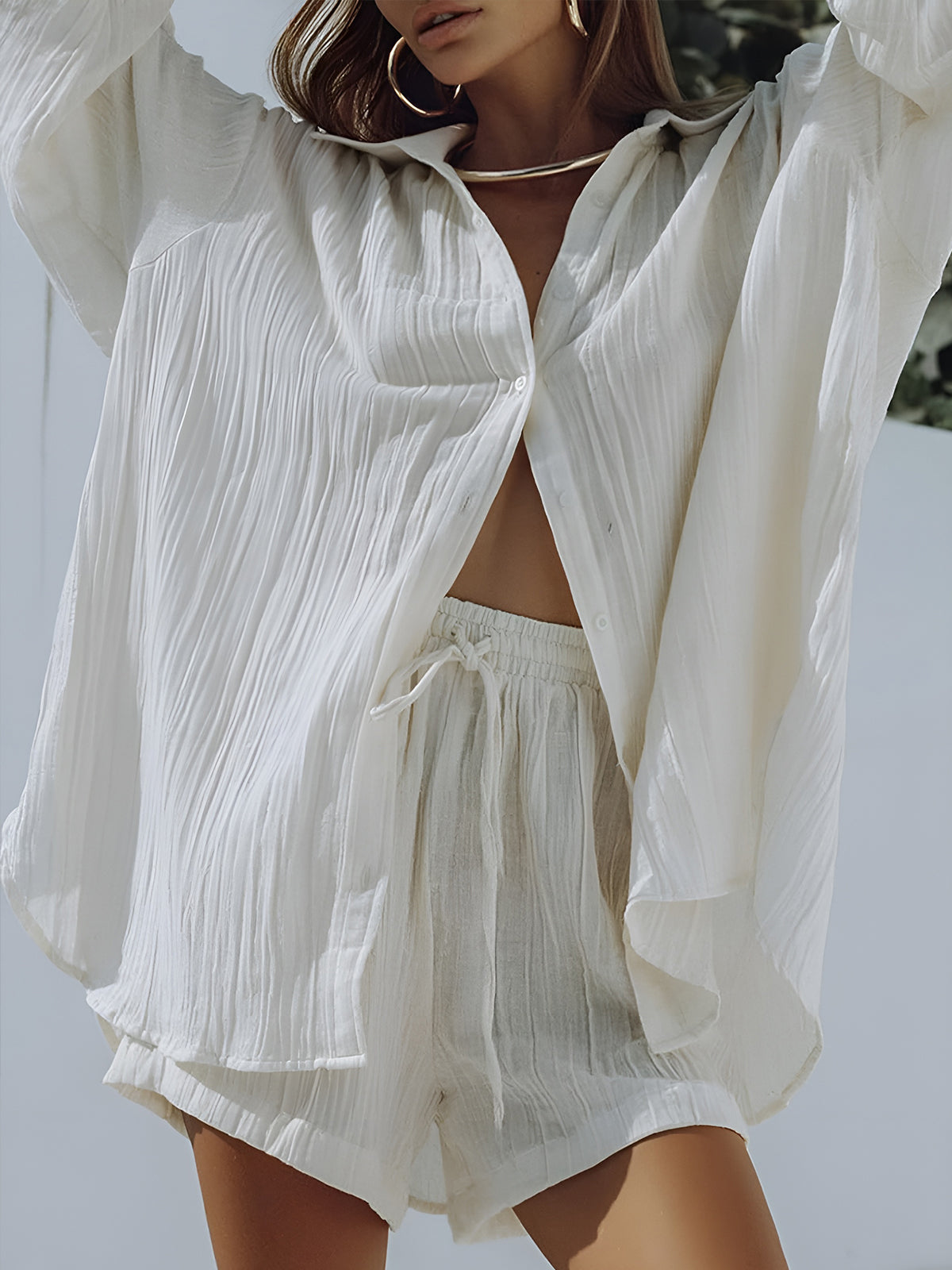 Pamuk Cepli İpli Şort Takım Beyaz Uzun Kol