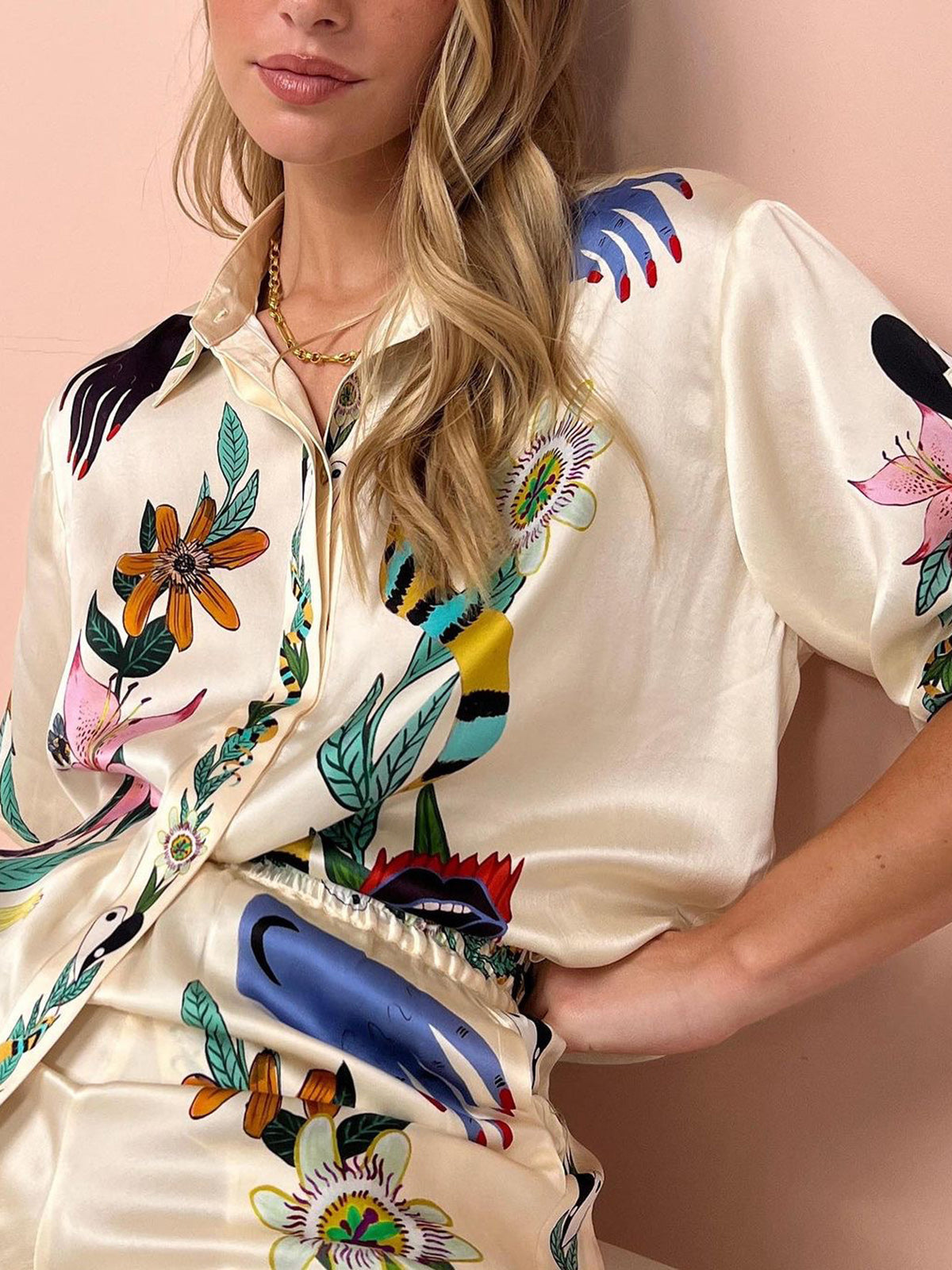 Çiçek Desenli Saten Pantolon Takım Çok Renkli Bohemian