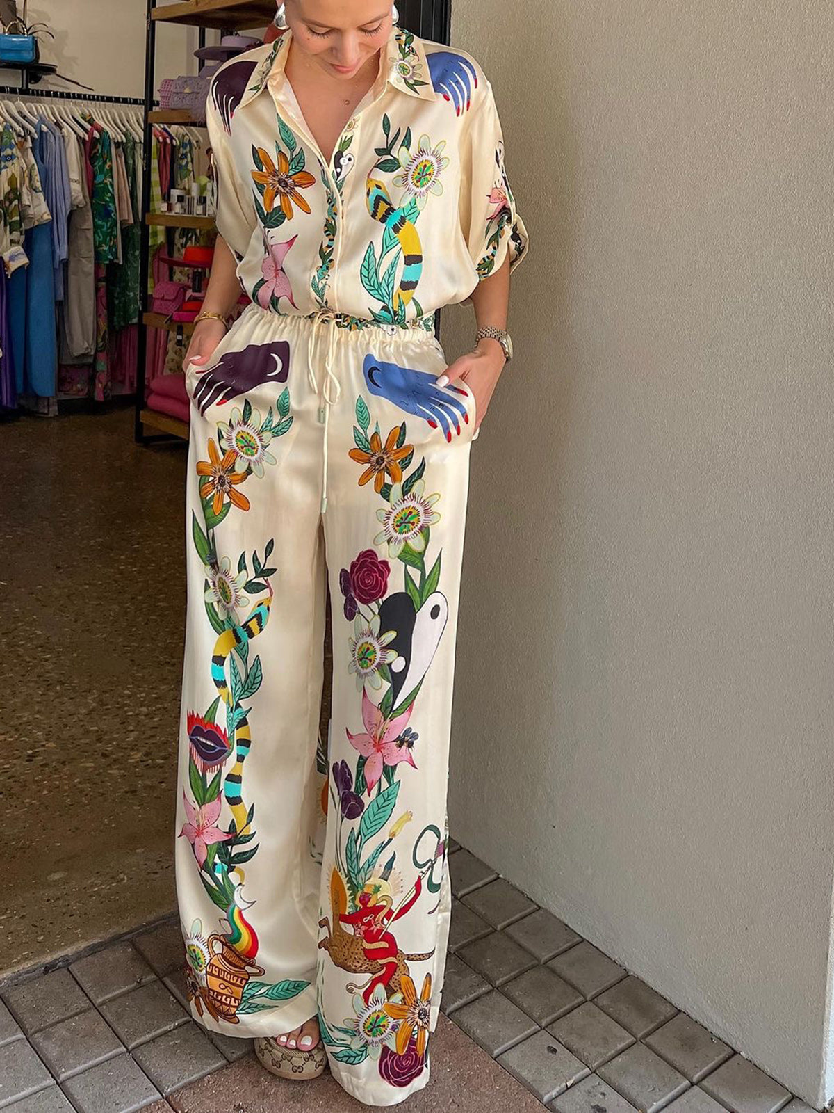 Çiçek Desenli Saten Pantolon Takım Çok Renkli Bohemian