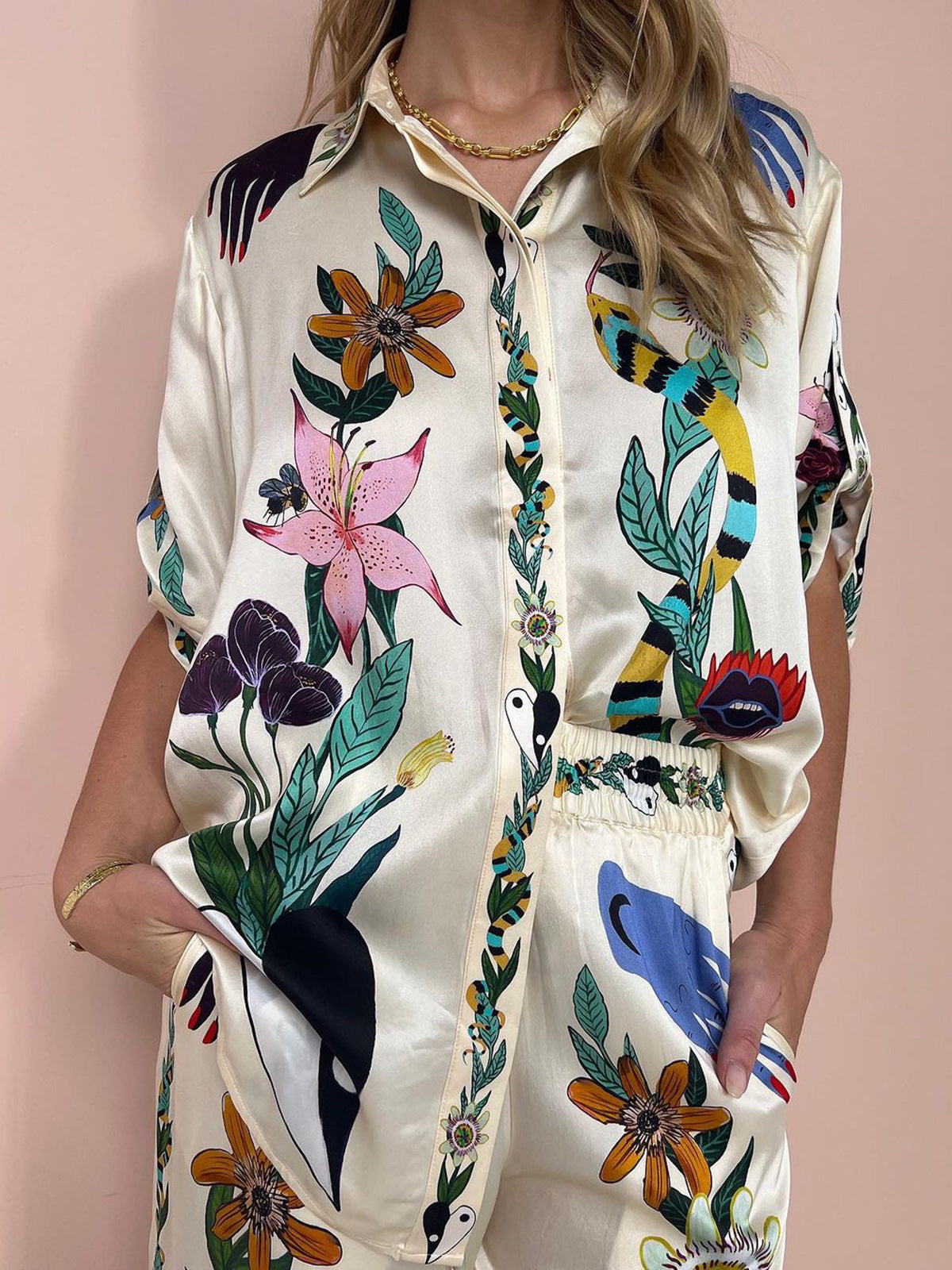 Çiçek Desenli Saten Pantolon Takım Çok Renkli Bohemian