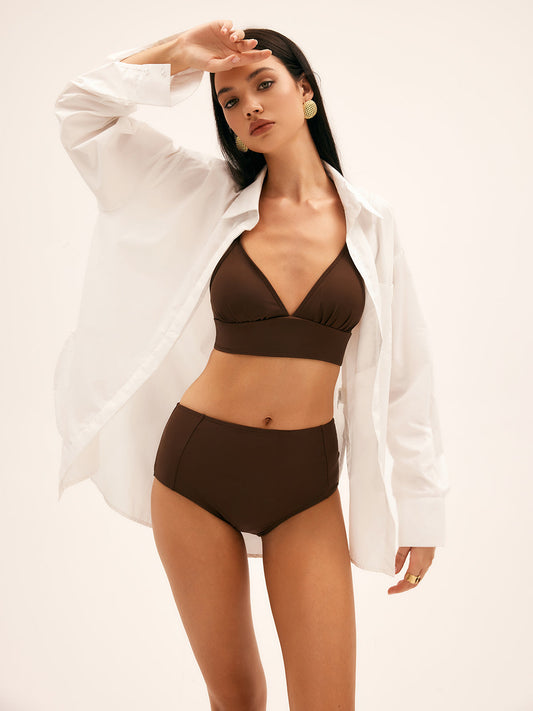 Palmiye Yüksek Bel Bikini Takımı Bağcıklı Kahverengi