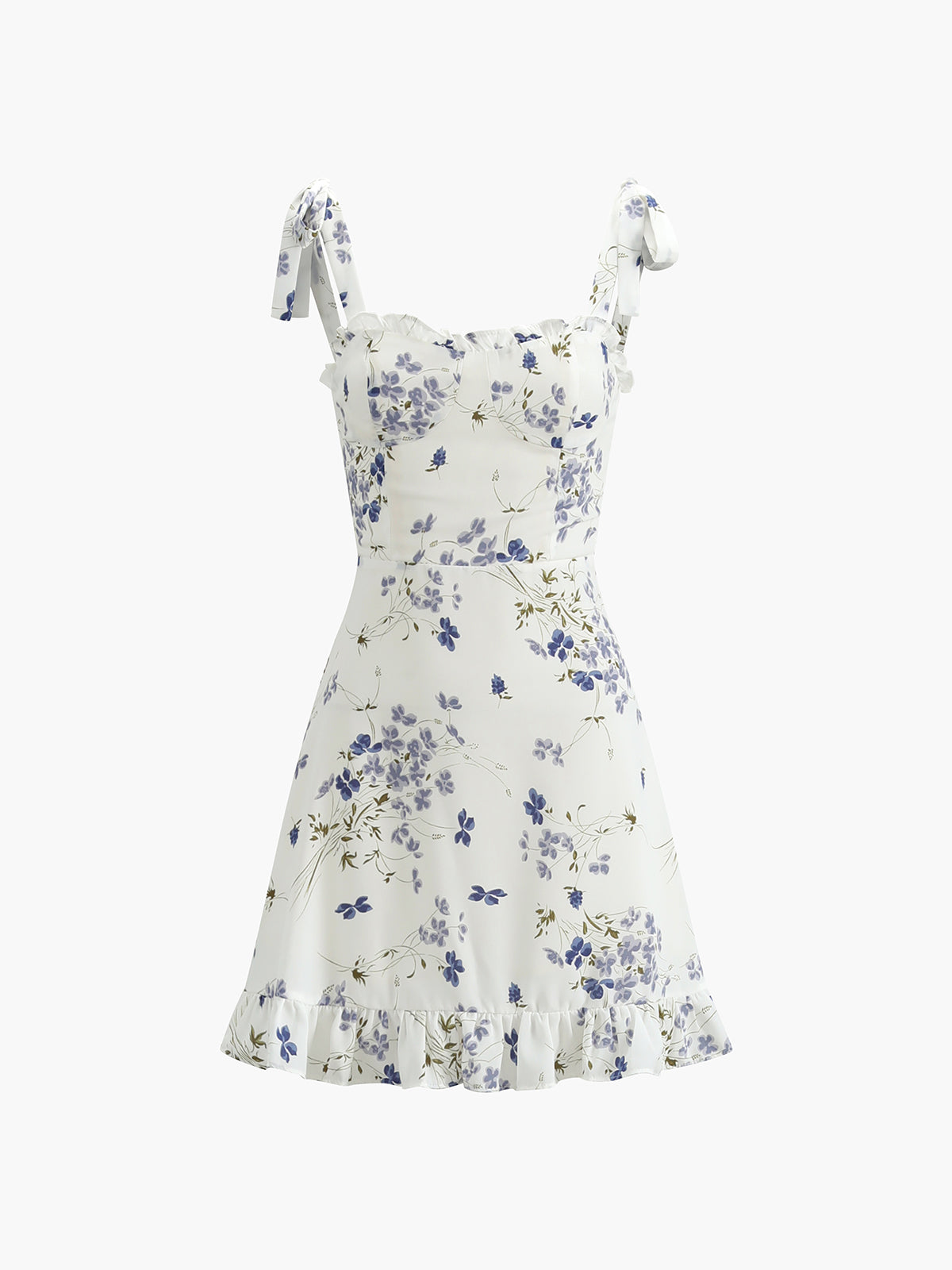 Çiçekli Büzgülü Askılı Kısa Elbise Ekru A-Line Kesim