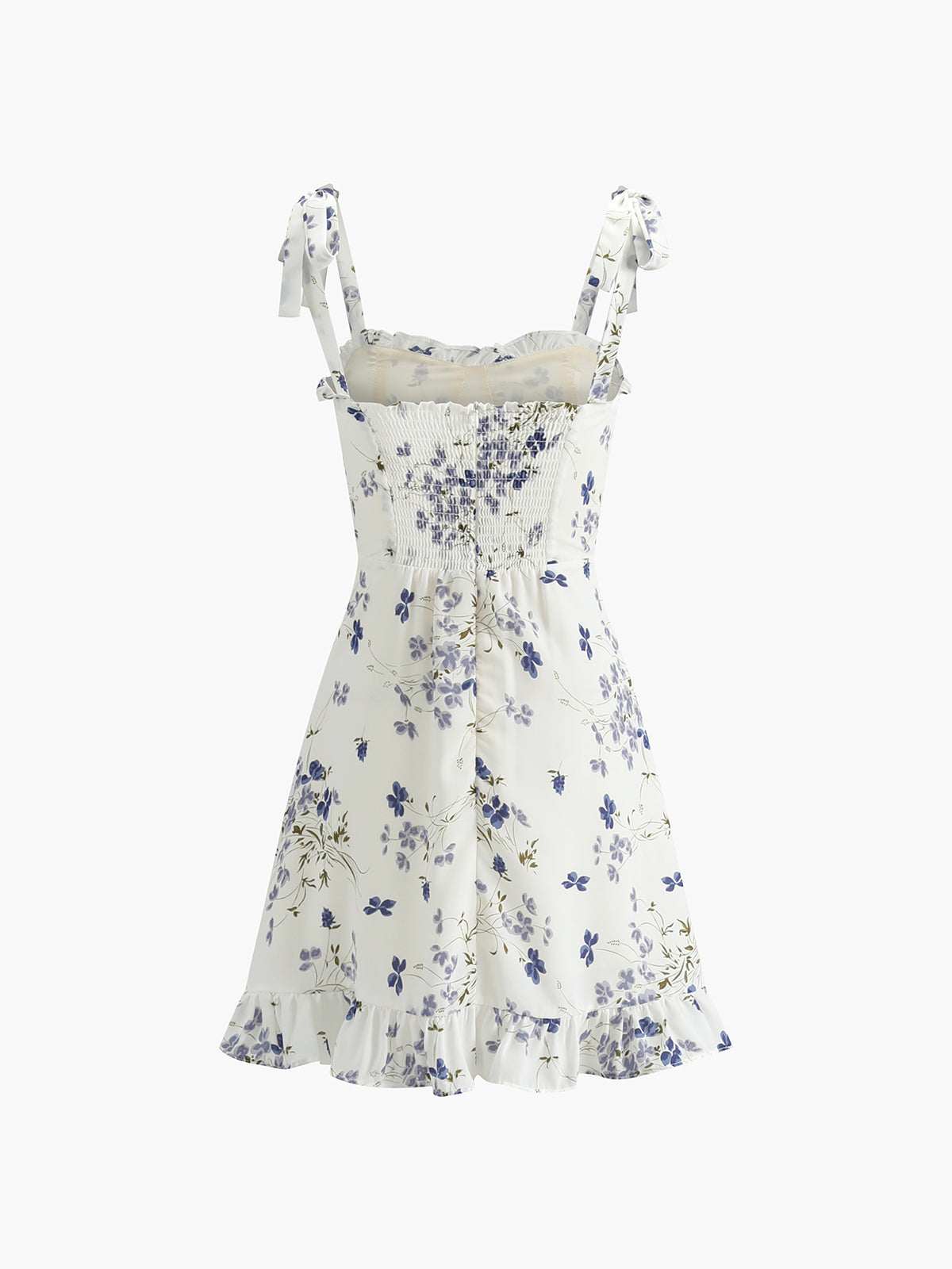 Çiçekli Büzgülü Askılı Kısa Elbise Ekru A-Line Kesim