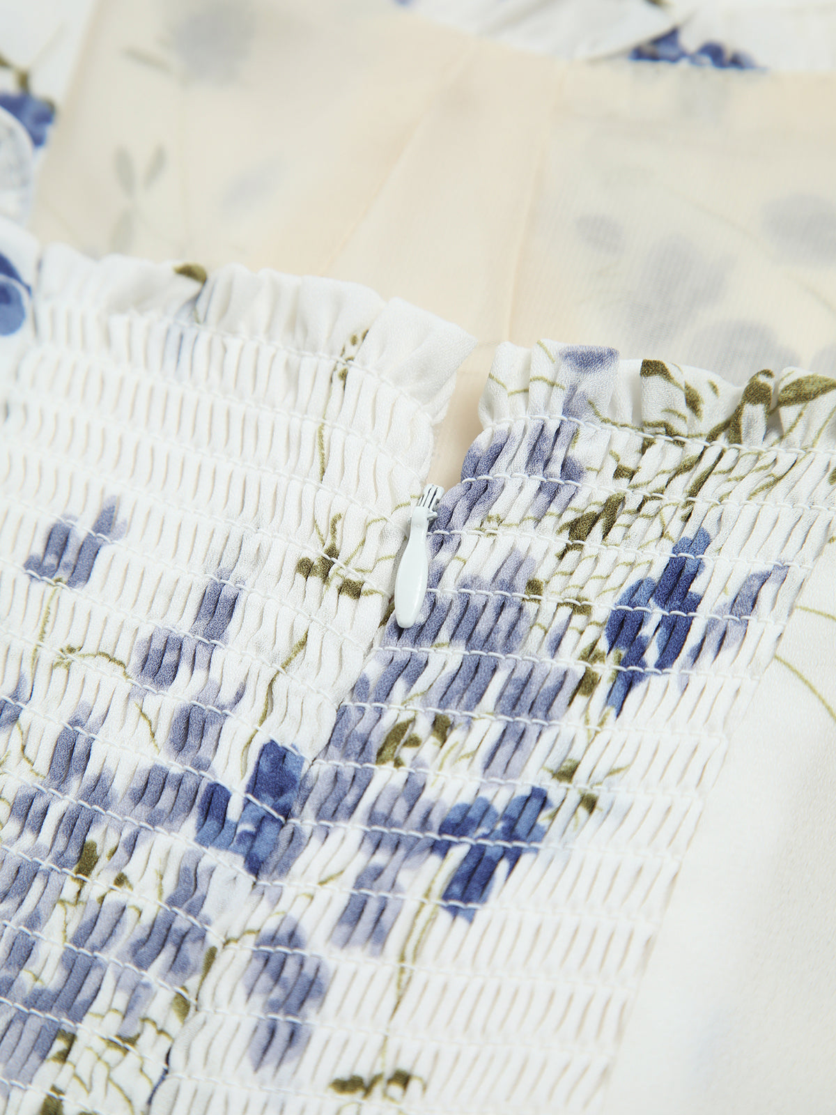 Çiçekli Büzgülü Askılı Kısa Elbise Ekru A-Line Kesim