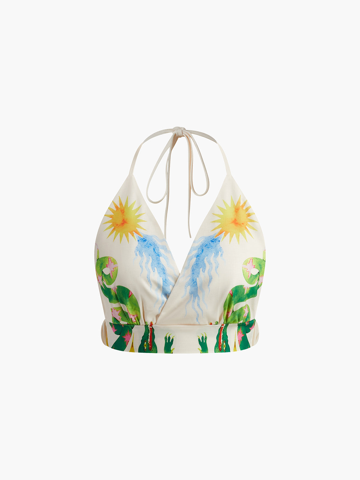 Baskılı Halter Pantolon Takımı Ekru Yeşil Sırt Dekolteli