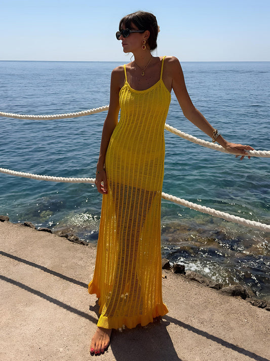 Ajur Panelli Örgü Fırfırlı Midi Elbise Sarı Kolsuz