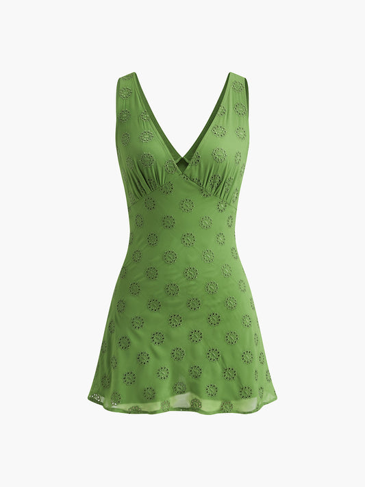 Pamuk Karışımlı V Yaka Kısa Elbise Yeşil Çiçekli
