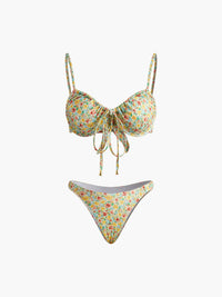Çiçek Desenli Önden Bağlamalı Bikini Takımı Sarı Yeşil