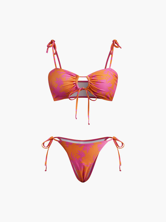 Baskılı Daire Kesimli Bikini Takımı Turuncu Çıkarılabilir Pedli