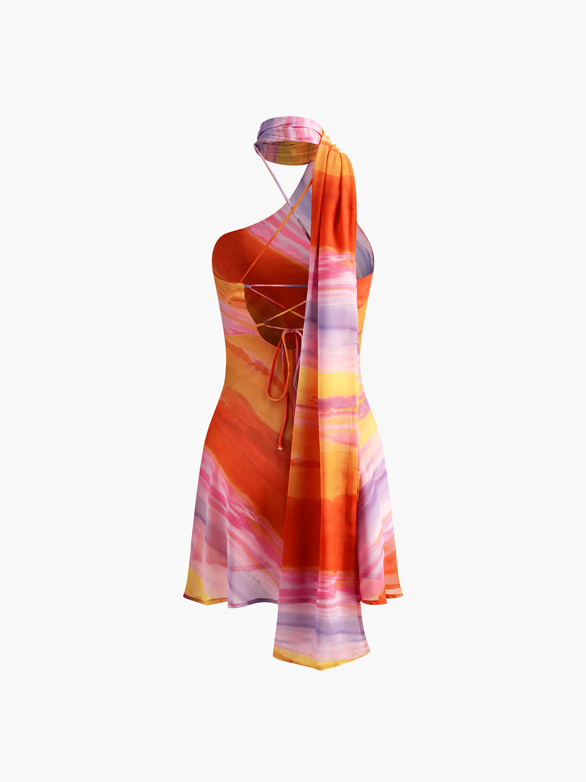 Halter Sırt Açık Batik Kısa Elbise Çok Renkli
