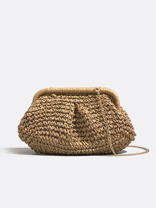 Hasır Clutch Çanta Bej Örgü Desenli Bohemian