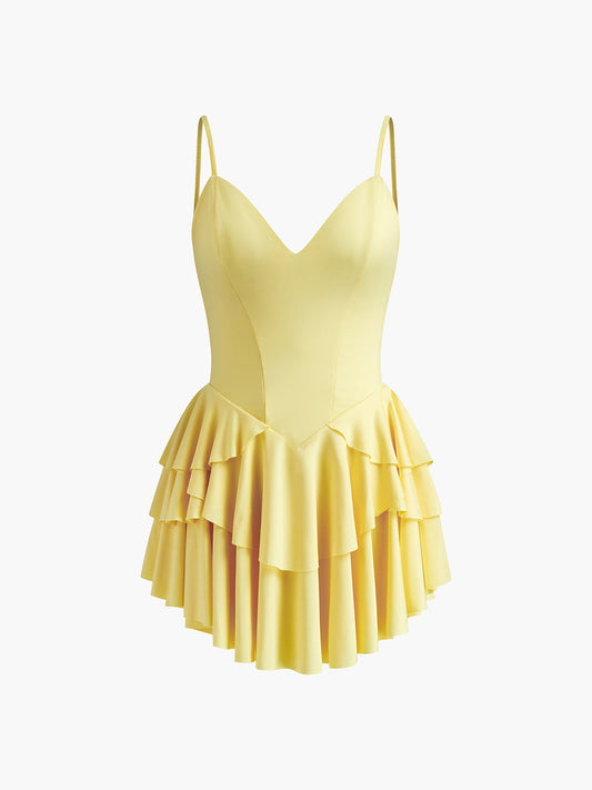 Fırfırlı Sırtı Açık Askılı Kısa Elbise Sarı V Yaka