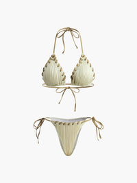Dantelli Bağcıklı Bikini Takımı Bej Çıkarılabilir Pedli