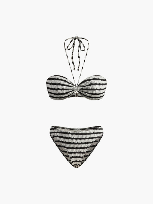 Çizgili Halter Çıkarılabilir Pedli Bikini Takımı Siyah Beyaz