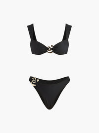 Altın Spiral Bikini Takımı Siyah Metal Detaylı